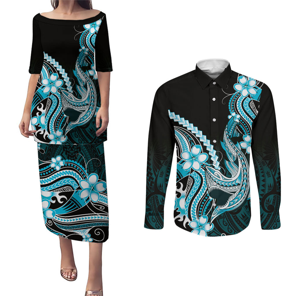 Blue Black Aloha Hawaii Couples Matching Puletasi and Long Sleeve Button Shirt Polynesian Shark Tattoo Plumeria