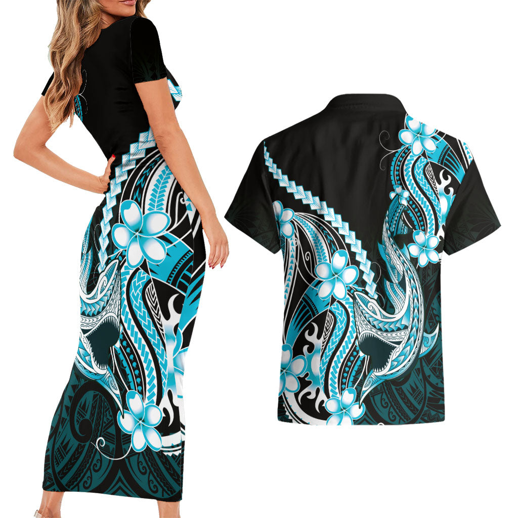 Blue Black Aloha Hawaii Couples Matching Short Sleeve Bodycon Dress and Hawaiian Shirt Polynesian Shark Tattoo Plumeria