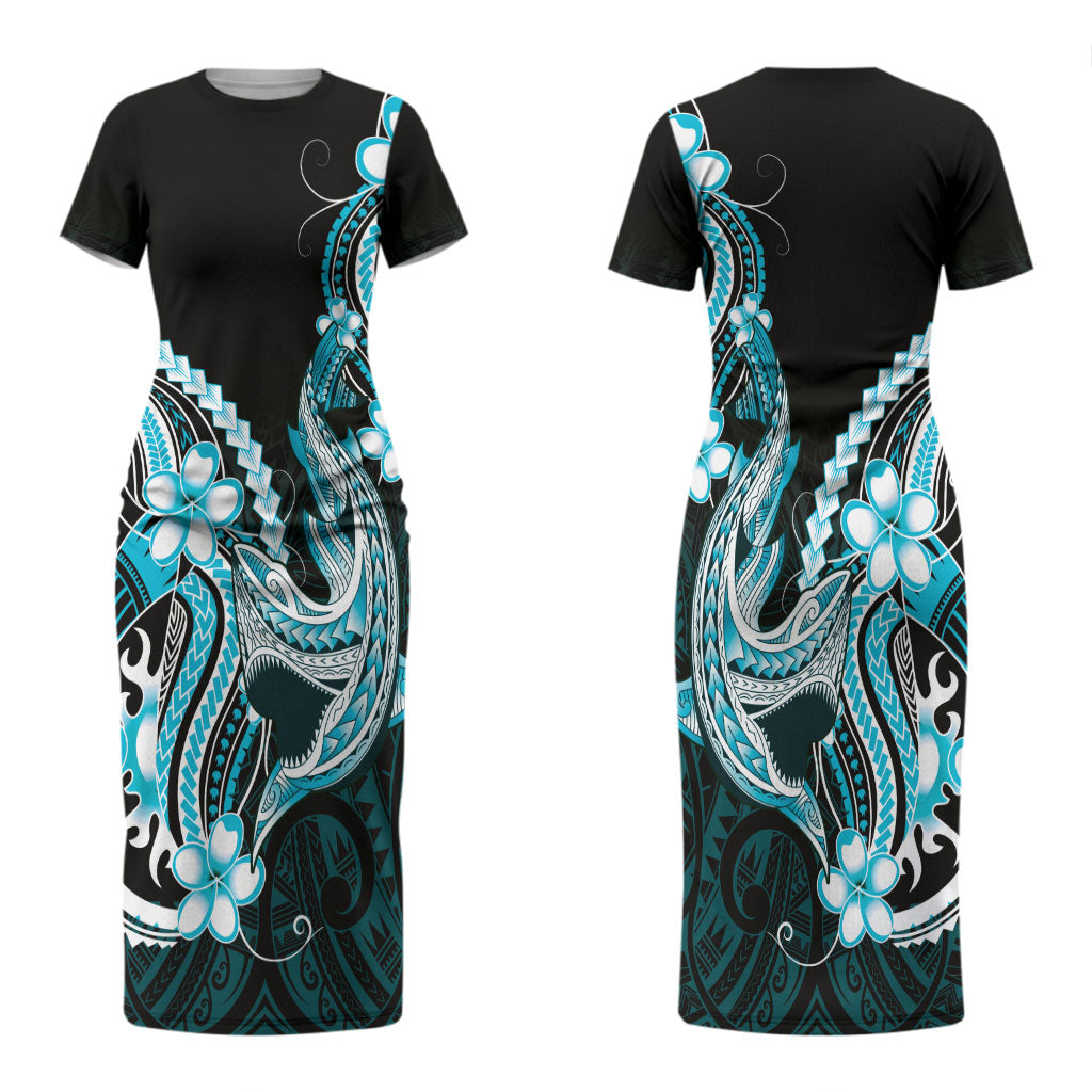 Blue Black Aloha Hawaii Couples Matching Short Sleeve Bodycon Dress and Hawaiian Shirt Polynesian Shark Tattoo Plumeria LT14 - Polynesian Pride