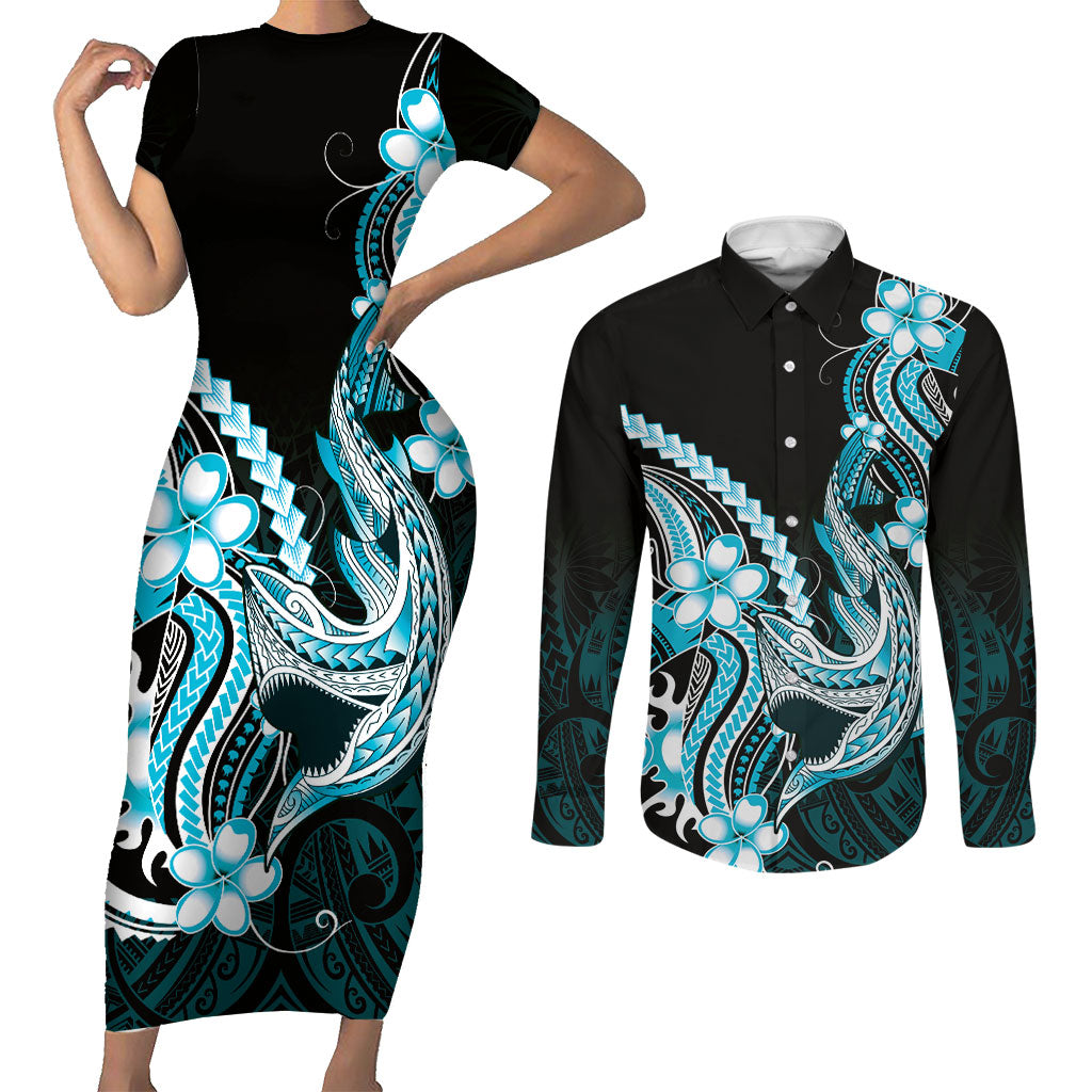Blue Black Aloha Hawaii Couples Matching Short Sleeve Bodycon Dress and Long Sleeve Button Shirt Polynesian Shark Tattoo Plumeria