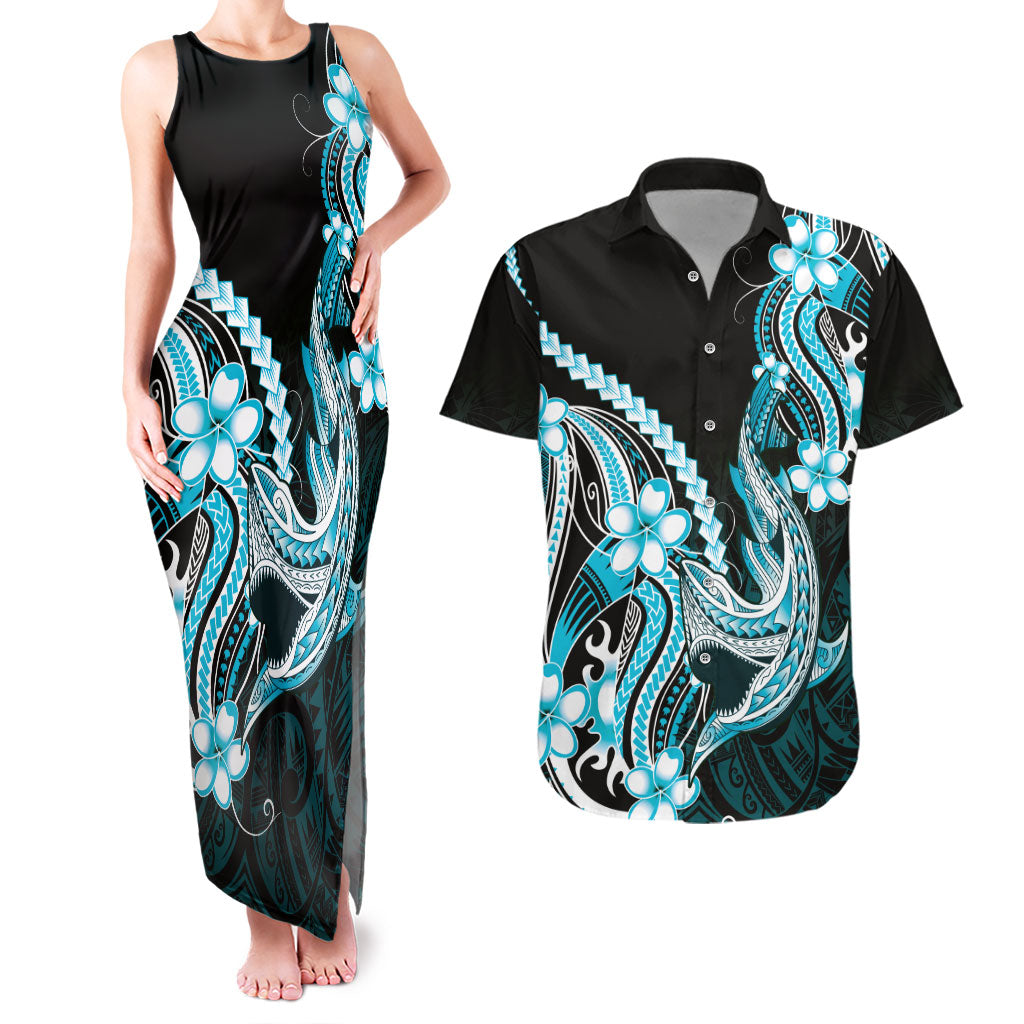 Blue Black Aloha Hawaii Couples Matching Tank Maxi Dress and Hawaiian Shirt Polynesian Shark Tattoo Plumeria