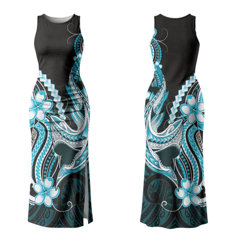 Blue Black Aloha Hawaii Couples Matching Tank Maxi Dress and Long Sleeve Button Shirt Polynesian Shark Tattoo Plumeria LT14 - Polynesian Pride