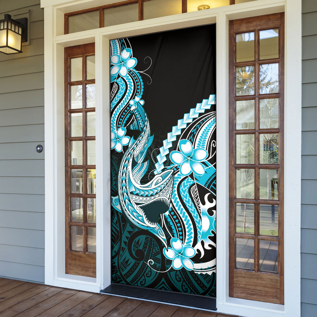 Blue Black Aloha Hawaii Door Cover Polynesian Shark Tattoo Plumeria