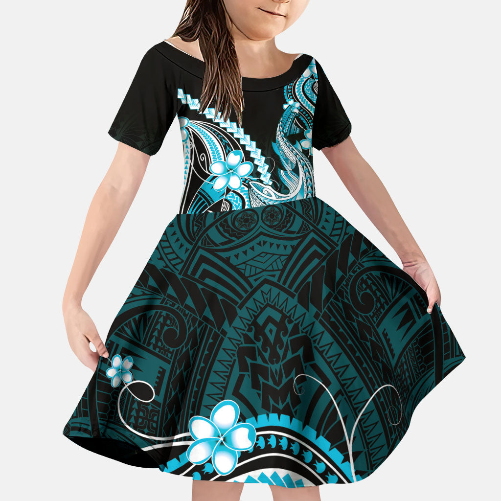 Blue Black Aloha Hawaii Family Matching Long Sleeve Bodycon Dress and Hawaiian Shirt Polynesian Shark Tattoo Plumeria