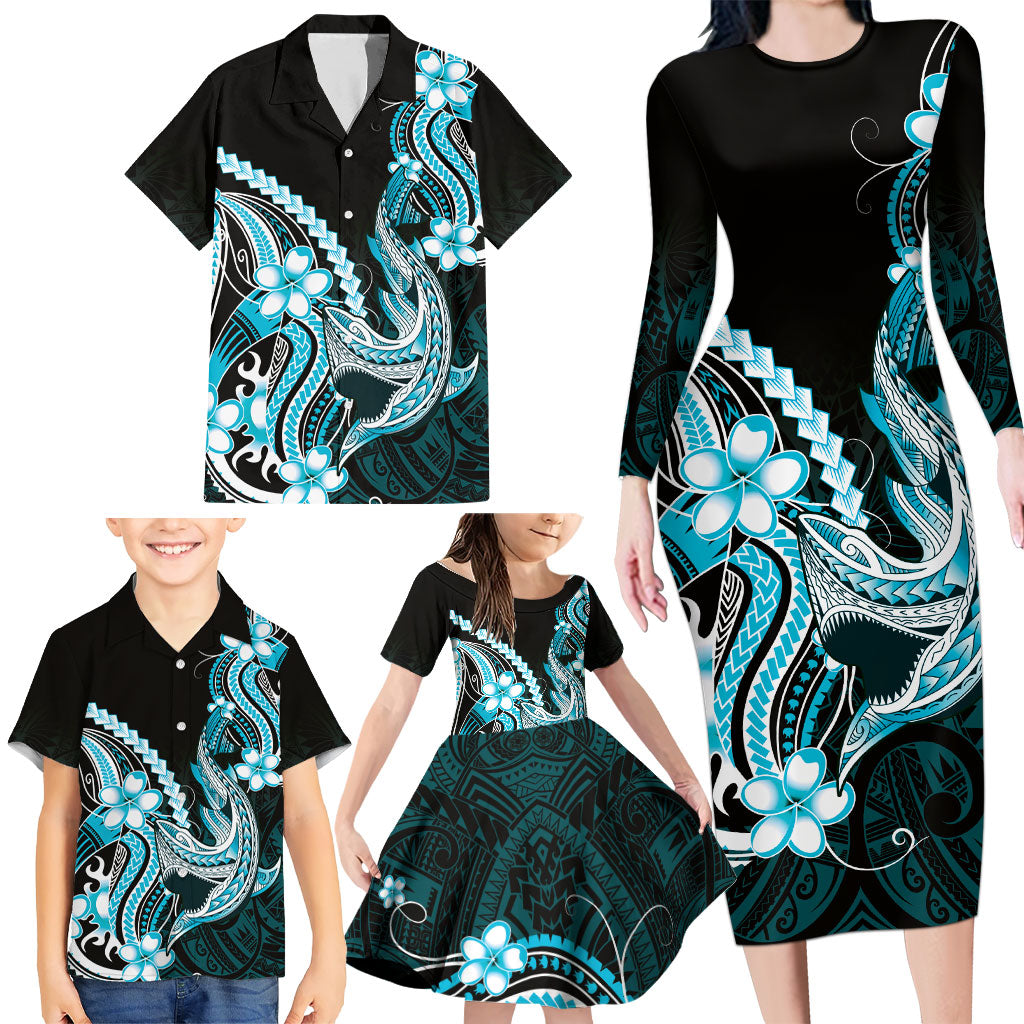 Blue Black Aloha Hawaii Family Matching Long Sleeve Bodycon Dress and Hawaiian Shirt Polynesian Shark Tattoo Plumeria