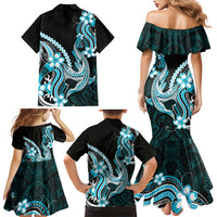 Blue Black Aloha Hawaii Family Matching Mermaid Dress and Hawaiian Shirt Polynesian Shark Tattoo Plumeria