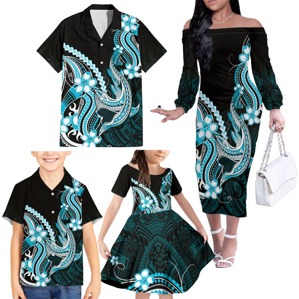 Blue Black Aloha Hawaii Family Matching Off The Shoulder Long Sleeve Dress and Hawaiian Shirt Polynesian Shark Tattoo Plumeria