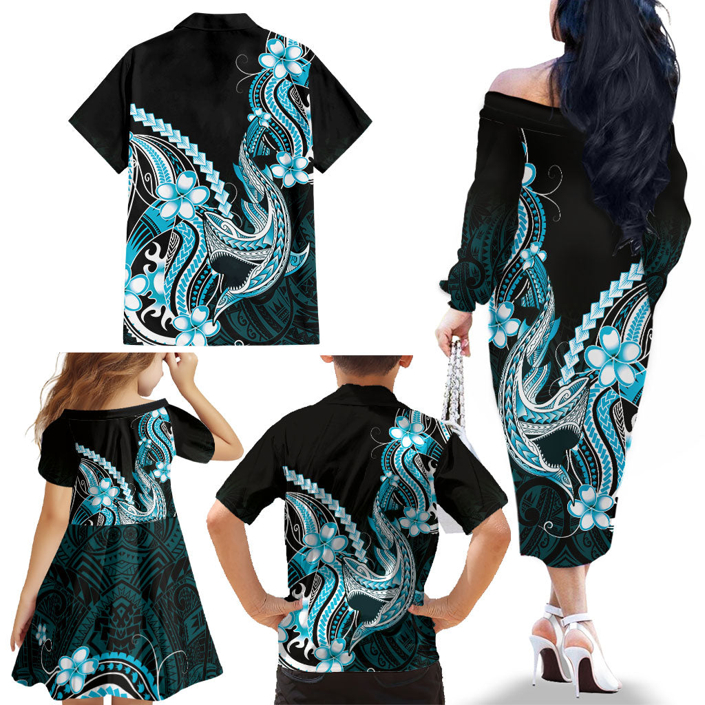 Blue Black Aloha Hawaii Family Matching Off The Shoulder Long Sleeve Dress and Hawaiian Shirt Polynesian Shark Tattoo Plumeria