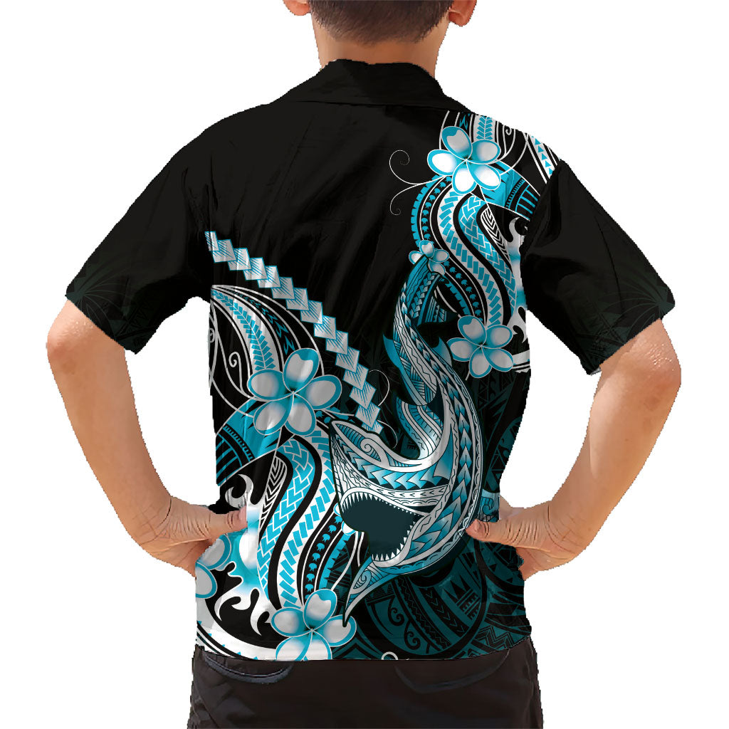 Blue Black Aloha Hawaii Family Matching Off Shoulder Maxi Dress and Hawaiian Shirt Polynesian Shark Tattoo Plumeria