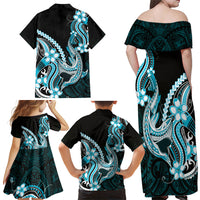 Blue Black Aloha Hawaii Family Matching Off Shoulder Maxi Dress and Hawaiian Shirt Polynesian Shark Tattoo Plumeria