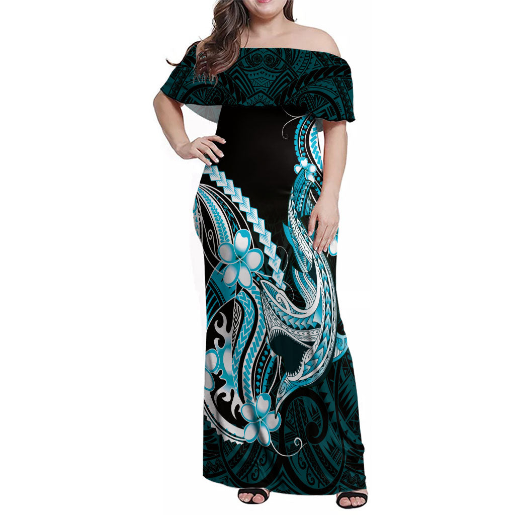 Blue Black Aloha Hawaii Family Matching Off Shoulder Maxi Dress and Hawaiian Shirt Polynesian Shark Tattoo Plumeria