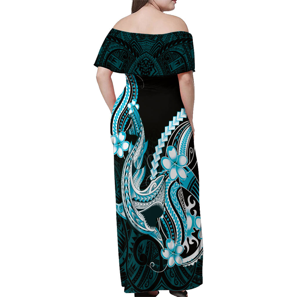 Blue Black Aloha Hawaii Family Matching Off Shoulder Maxi Dress and Hawaiian Shirt Polynesian Shark Tattoo Plumeria