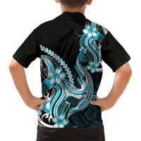Blue Black Aloha Hawaii Family Matching Off Shoulder Short Dress and Hawaiian Shirt Polynesian Shark Tattoo Plumeria