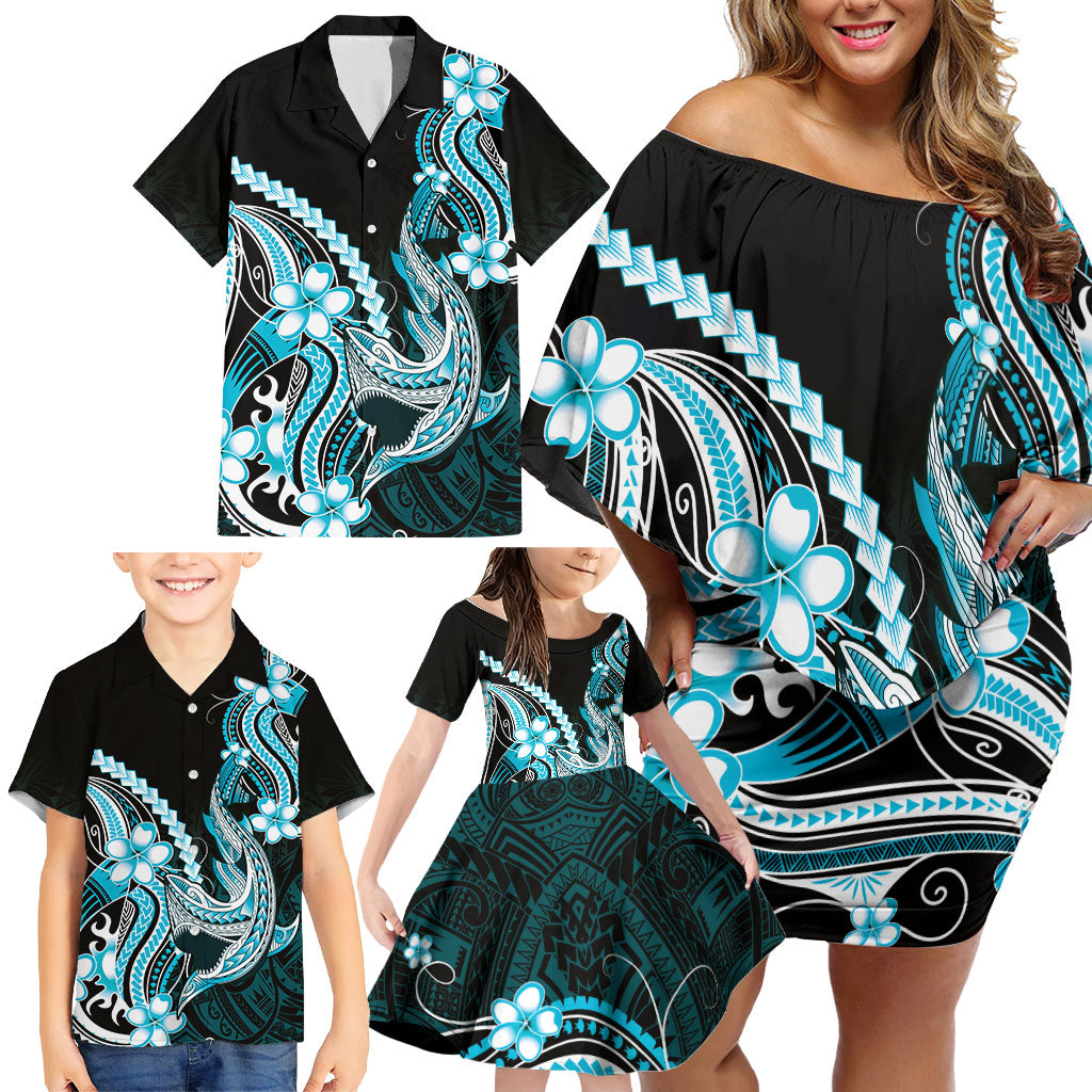 Blue Black Aloha Hawaii Family Matching Off Shoulder Short Dress and Hawaiian Shirt Polynesian Shark Tattoo Plumeria LT14 - Polynesian Pride