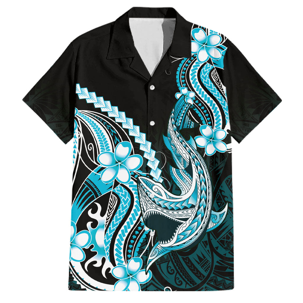 Blue Black Aloha Hawaii Family Matching Off Shoulder Short Dress and Hawaiian Shirt Polynesian Shark Tattoo Plumeria