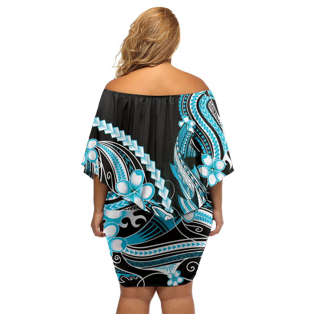 Blue Black Aloha Hawaii Family Matching Off Shoulder Short Dress and Hawaiian Shirt Polynesian Shark Tattoo Plumeria