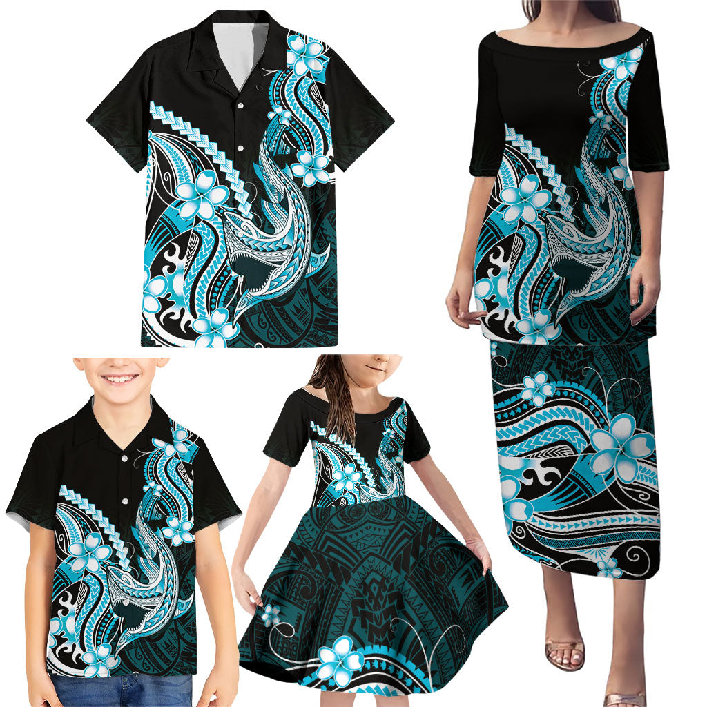 Blue Black Aloha Hawaii Family Matching Puletasi and Hawaiian Shirt Polynesian Shark Tattoo Plumeria