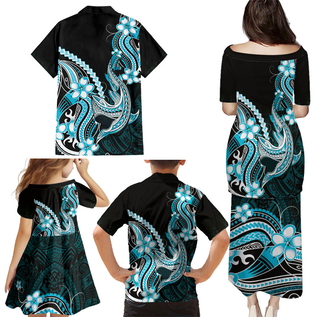 Blue Black Aloha Hawaii Family Matching Puletasi and Hawaiian Shirt Polynesian Shark Tattoo Plumeria