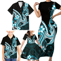 Blue Black Aloha Hawaii Family Matching Short Sleeve Bodycon Dress and Hawaiian Shirt Polynesian Shark Tattoo Plumeria