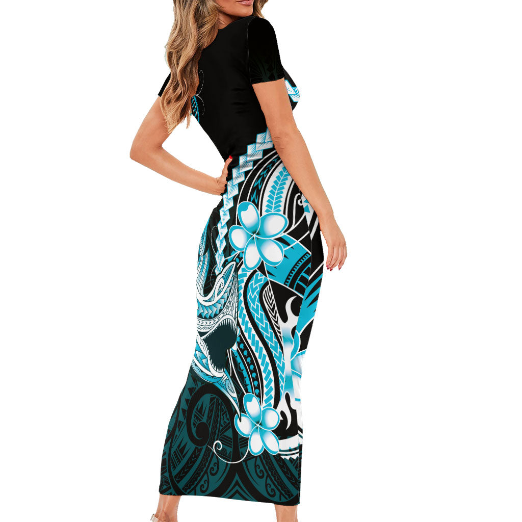 Blue Black Aloha Hawaii Family Matching Short Sleeve Bodycon Dress and Hawaiian Shirt Polynesian Shark Tattoo Plumeria