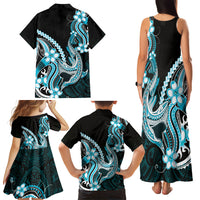 Blue Black Aloha Hawaii Family Matching Tank Maxi Dress and Hawaiian Shirt Polynesian Shark Tattoo Plumeria