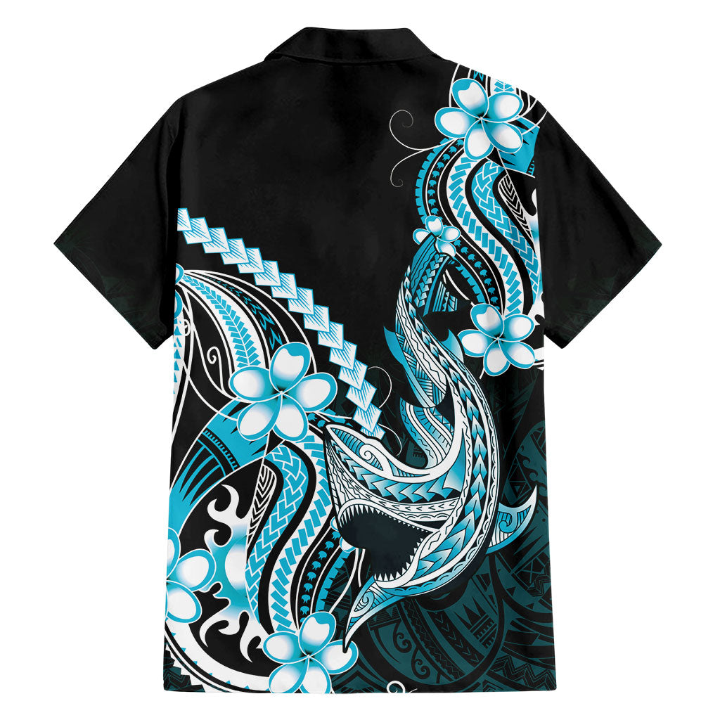 Blue Black Aloha Hawaii Family Matching Tank Maxi Dress and Hawaiian Shirt Polynesian Shark Tattoo Plumeria