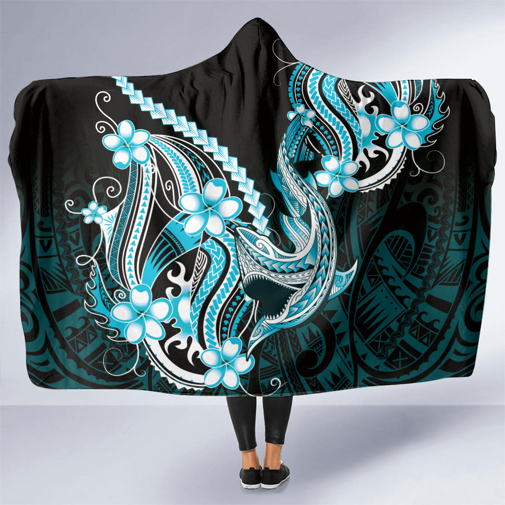 Blue Black Aloha Hawaii Hooded Blanket Polynesian Shark Tattoo Plumeria LT14 One Size Blue - Polynesian Pride
