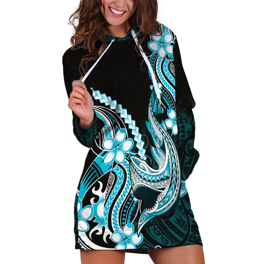 Blue Black Aloha Hawaii Hoodie Dress Polynesian Shark Tattoo Plumeria LT14 Blue - Polynesian Pride