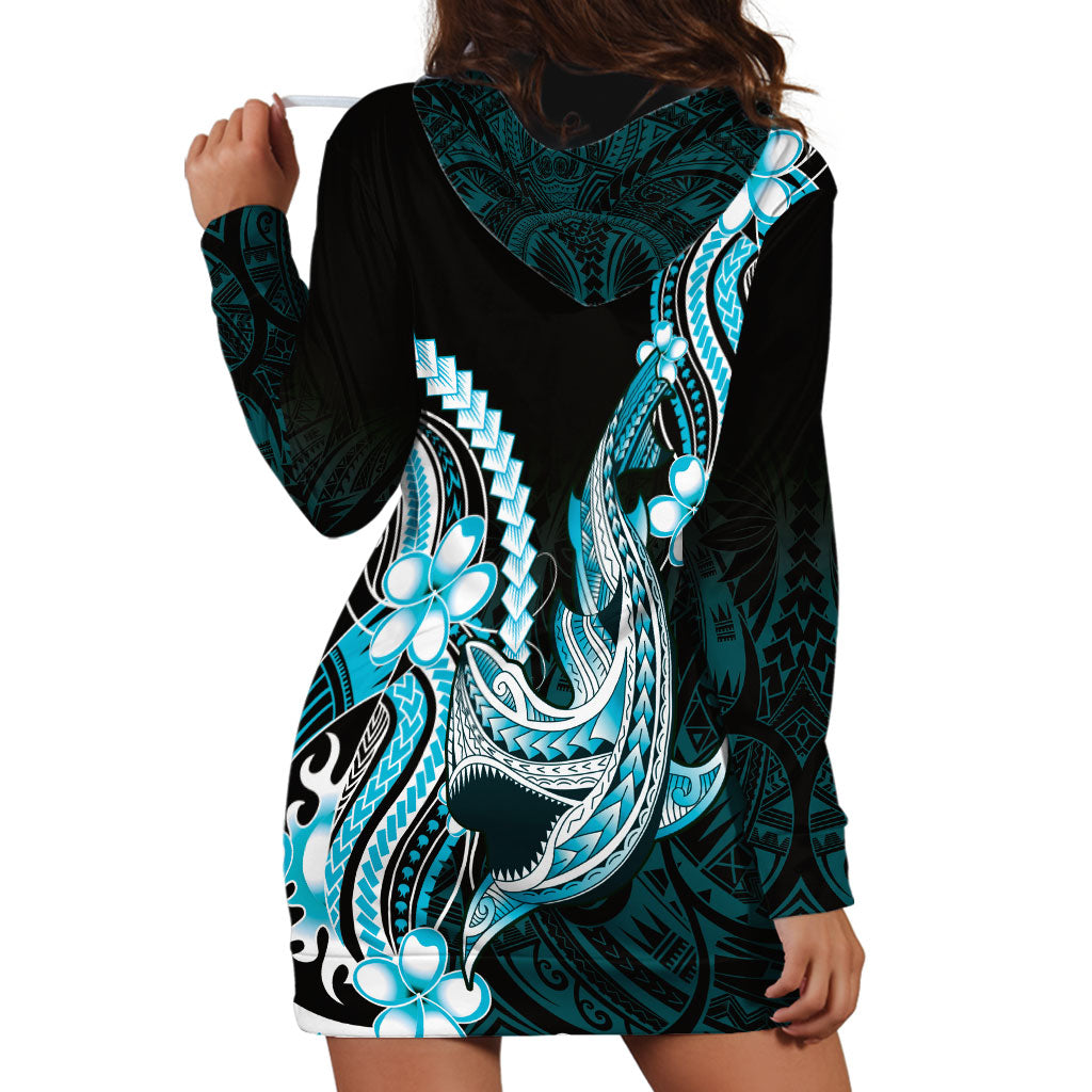 Blue Black Aloha Hawaii Hoodie Dress Polynesian Shark Tattoo Plumeria