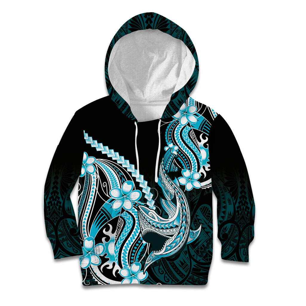 Blue Black Aloha Hawaii Kid Hoodie Polynesian Shark Tattoo Plumeria