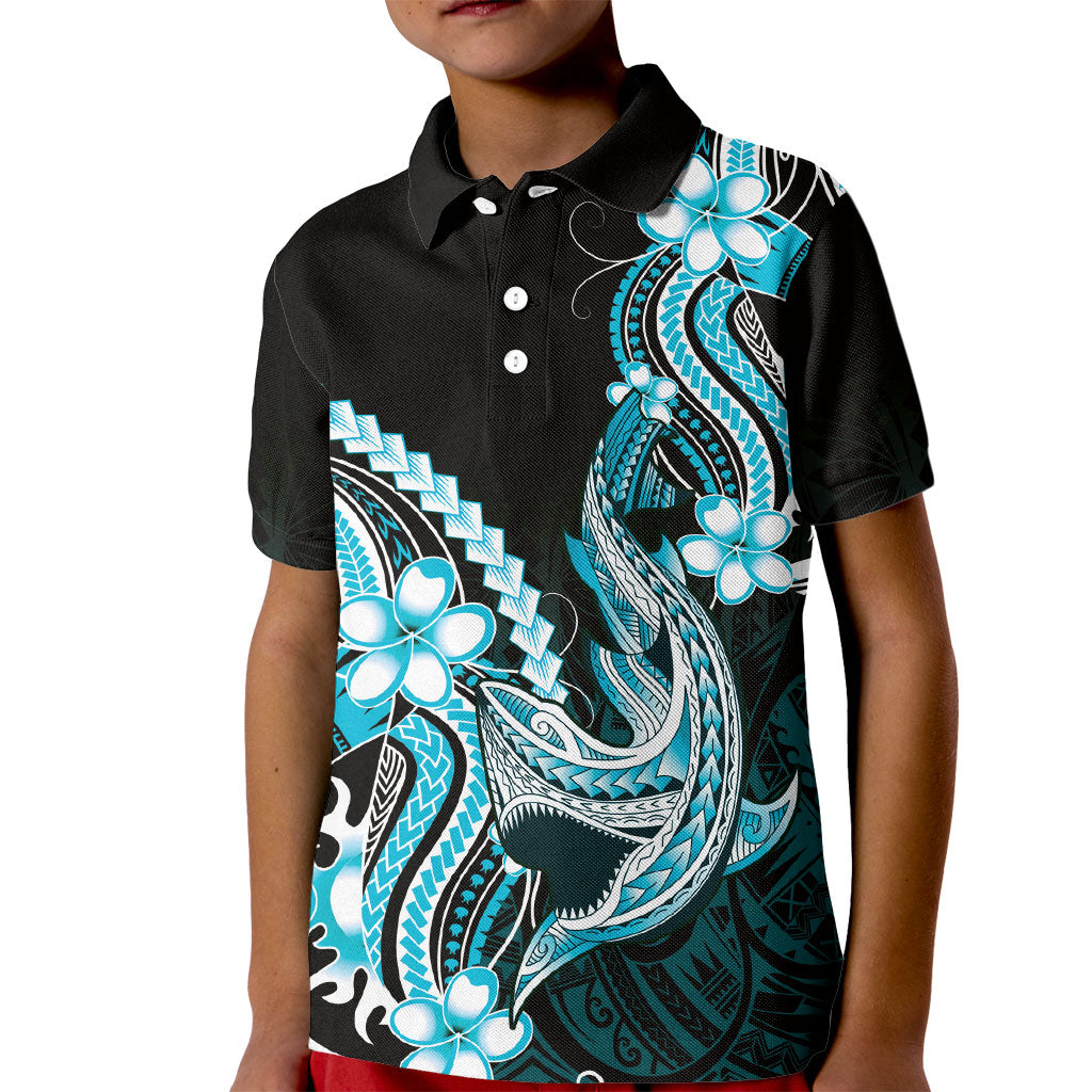 Blue Black Aloha Hawaii Kid Polo Shirt Polynesian Shark Tattoo Plumeria LT14 Kid Blue - Polynesian Pride
