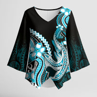 Blue Black Aloha Hawaii Kimono Sleeve Blouse Polynesian Shark Tattoo Plumeria