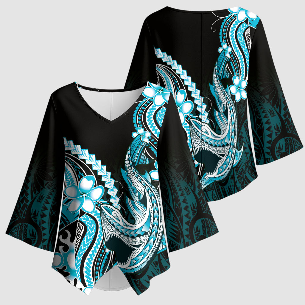 Blue Black Aloha Hawaii Kimono Sleeve Blouse Polynesian Shark Tattoo Plumeria