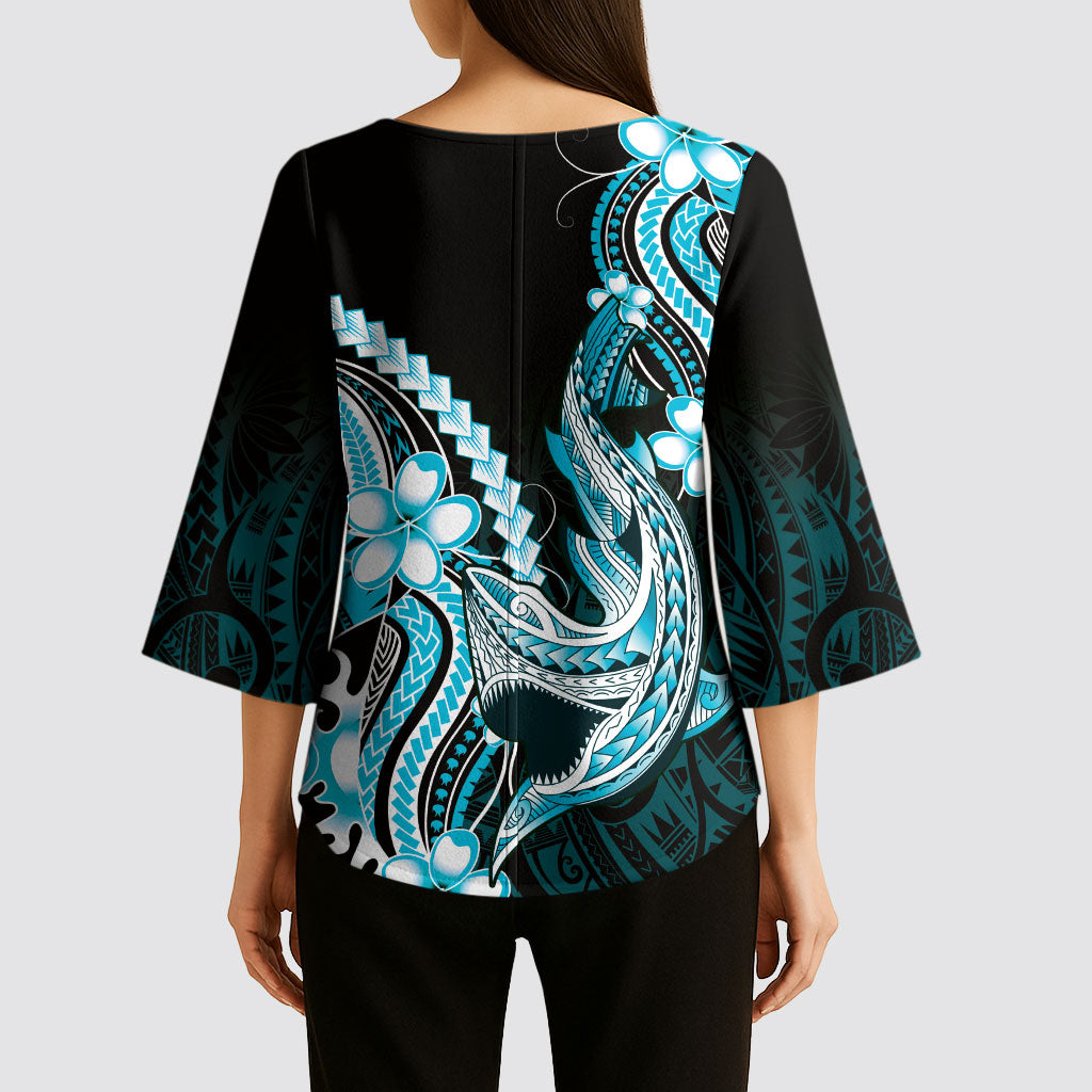 Blue Black Aloha Hawaii Kimono Sleeve Blouse Polynesian Shark Tattoo Plumeria