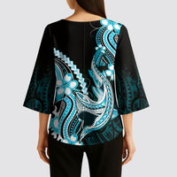Blue Black Aloha Hawaii Kimono Sleeve Blouse Polynesian Shark Tattoo Plumeria