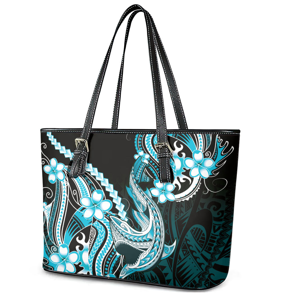 Blue Black Aloha Hawaii Leather Tote Bag Polynesian Shark Tattoo Plumeria