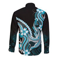 Blue Black Aloha Hawaii Long Sleeve Button Shirt Polynesian Shark Tattoo Plumeria