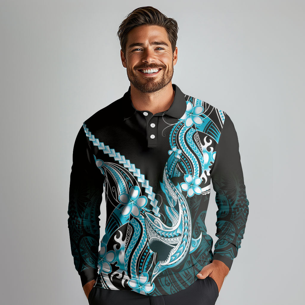 Blue Black Aloha Hawaii Long Sleeve Polo Shirt Polynesian Shark Tattoo Plumeria
