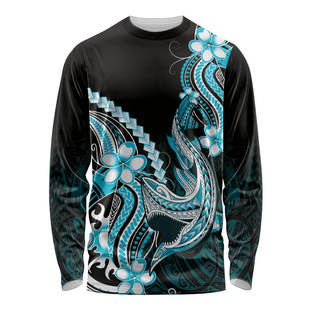 Blue Black Aloha Hawaii Long Sleeve Shirt Polynesian Shark Tattoo Plumeria