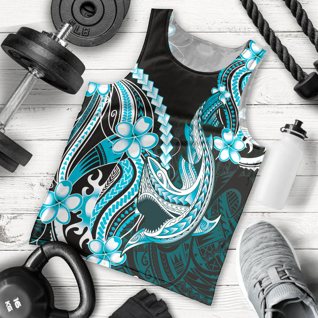 Blue Black Aloha Hawaii Men Tank Top Polynesian Shark Tattoo Plumeria