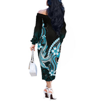 Blue Black Aloha Hawaii Off The Shoulder Long Sleeve Dress Polynesian Shark Tattoo Plumeria