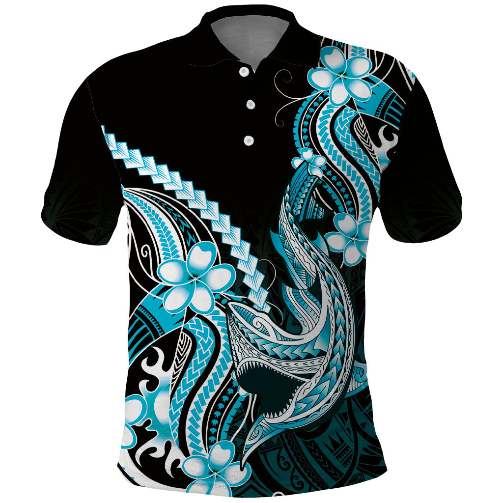 Blue Black Aloha Hawaii Polo Shirt Polynesian Shark Tattoo Plumeria LT14 Blue - Polynesian Pride