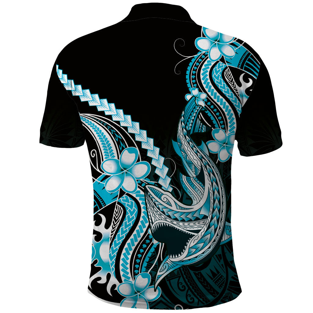 Blue Black Aloha Hawaii Polo Shirt Polynesian Shark Tattoo Plumeria