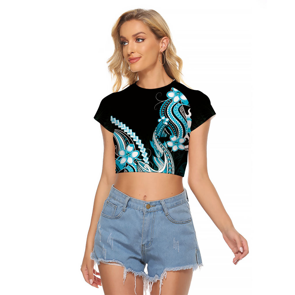 Blue Black Aloha Hawaii Raglan Cropped T Shirt Polynesian Shark Tattoo Plumeria