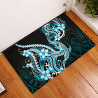 Blue Black Aloha Hawaii Rubber Doormat Polynesian Shark Tattoo Plumeria