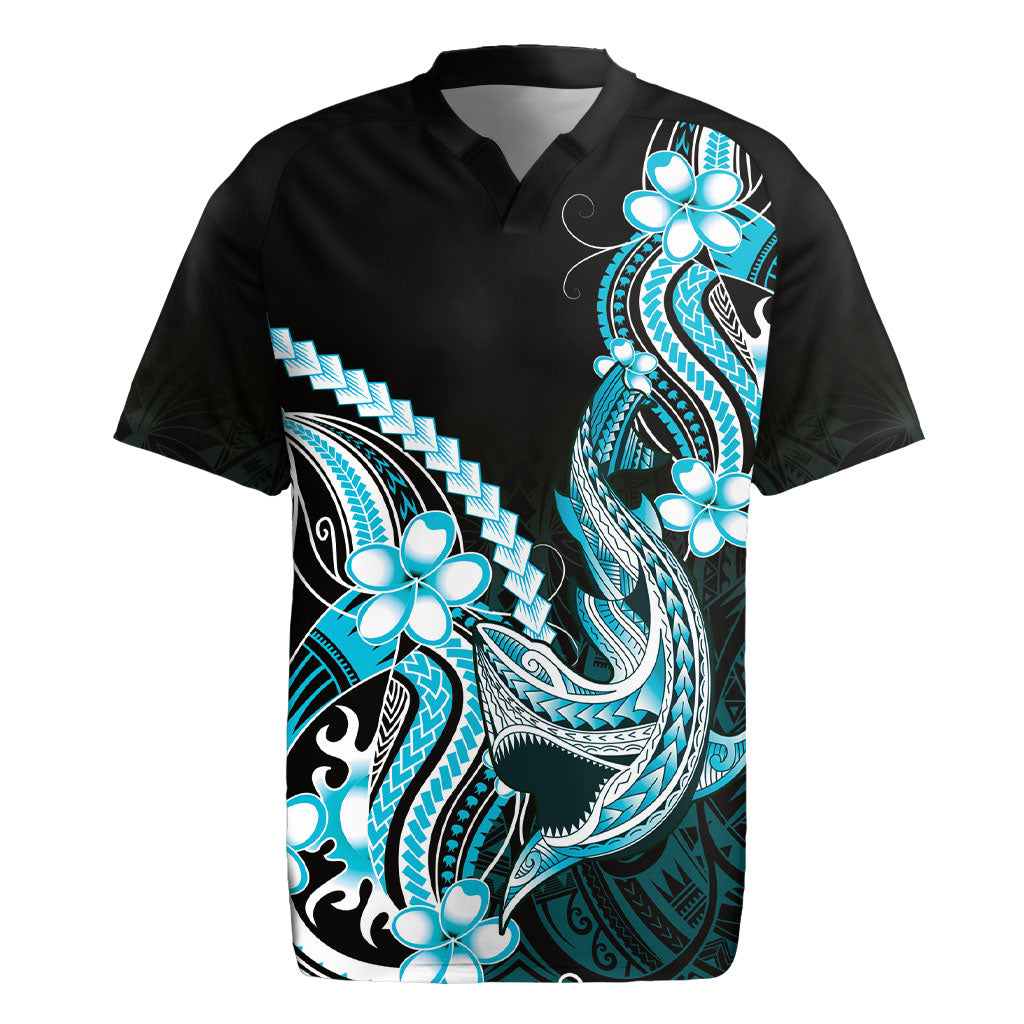 Blue Black Aloha Hawaii Rugby Jersey Polynesian Shark Tattoo Plumeria