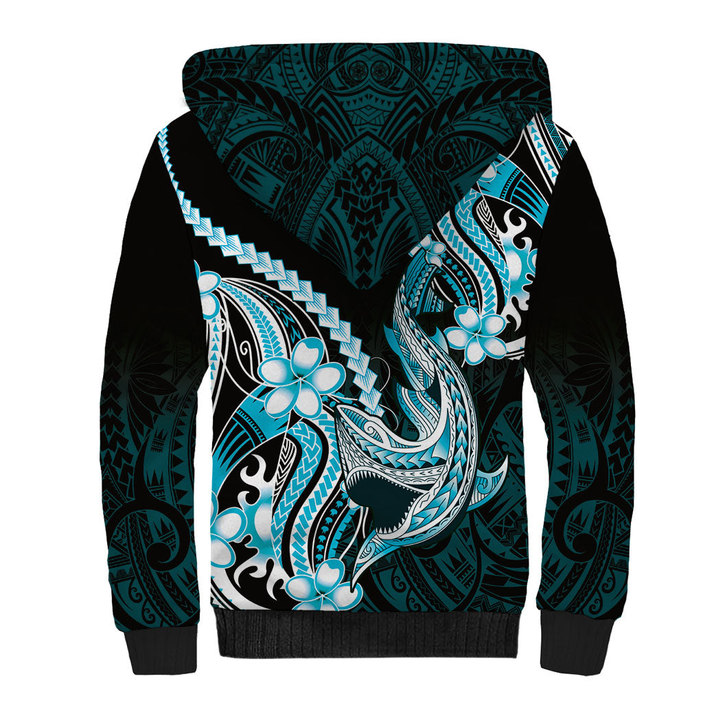 Blue Black Aloha Hawaii Sherpa Hoodie Polynesian Shark Tattoo Plumeria