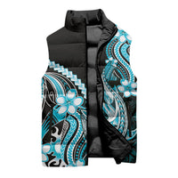 Blue Black Aloha Hawaii Sleeveless Puffer Jacket Polynesian Shark Tattoo Plumeria