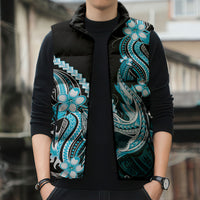 Blue Black Aloha Hawaii Sleeveless Puffer Jacket Polynesian Shark Tattoo Plumeria