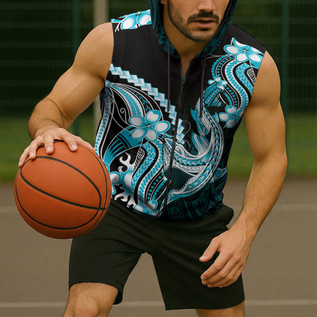 Blue Black Aloha Hawaii Sleeveless Zip Hoodie Polynesian Shark Tattoo Plumeria